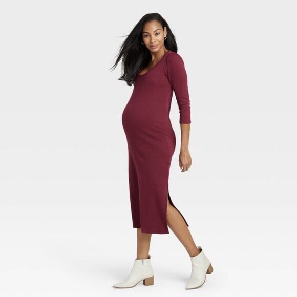 The Nines By Hatch Burgundy Ribbed Jersey Body Con Midi Dress Sz.L NWT - Picture 1 of 16